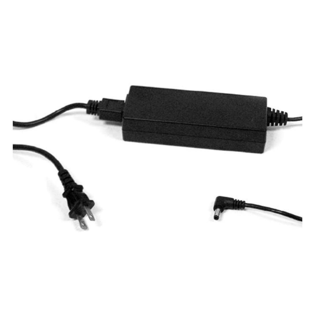 The OxyGo NEXT Charger for Portable Oxygen Concentrators is shown in black with a three-prong plug and right-angle barrel connector, displayed against a white background.